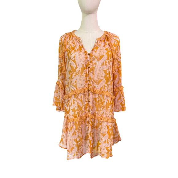 Anthropologie Orange Pink Floral Tiered Ruffle Tunic Dress Small Boho Viscose - Picture 1 of 10